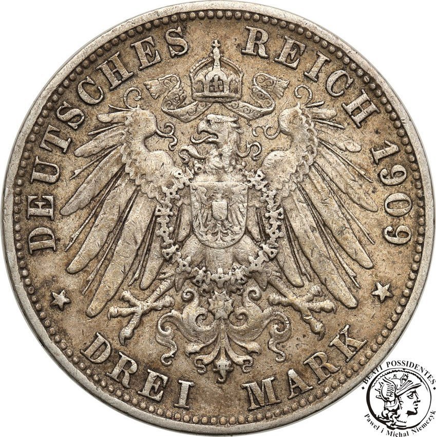 Niemcy, Wirttembergia. 3 marki 1909 F